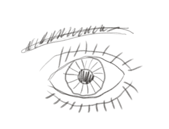 A crude, almost cartoonish pencil sketch of an eye.