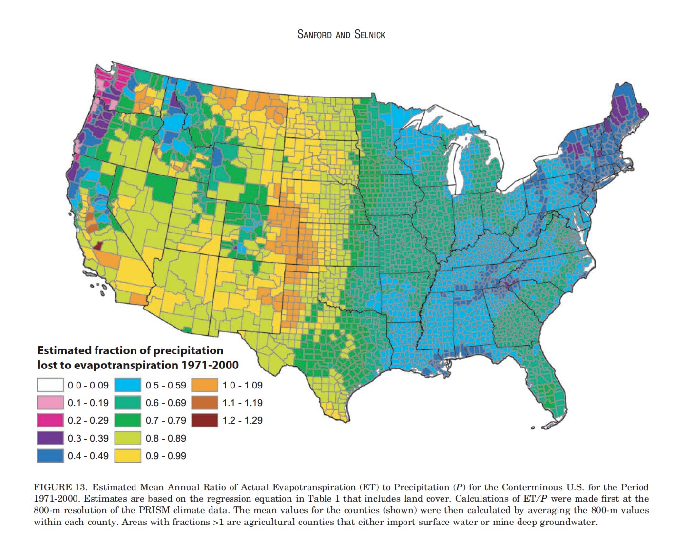 A map of the United States, color coded to show the precipitation loss. The map is visually divided into mostly blue and dark green in the eastern half, and mostly yellow and pale green in the western half.