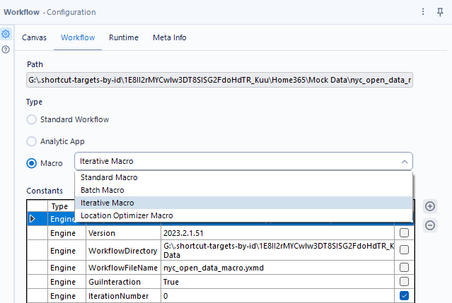 Change the workflow type to Macro and select Iterative Macro from the dropdown.