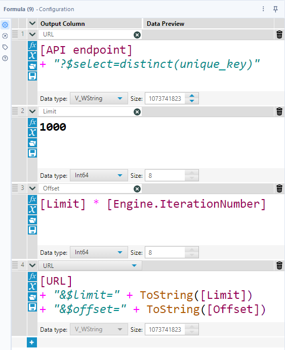 Use a Formula tool to set up the offset and limit values for pagination.