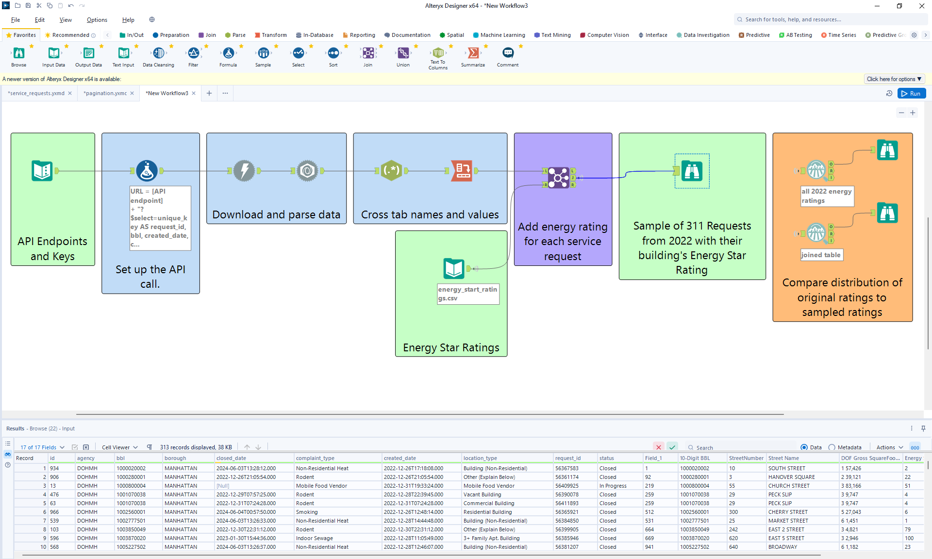 This is the flow that downloads and parses a JSON request from NYC Open Data’s 311 Service Requests API. The URL for the API call contains a SoQL query that selects a set of columns and filters to a single year. The output includes BBL codes to join with the Building’s Energy Ratings.