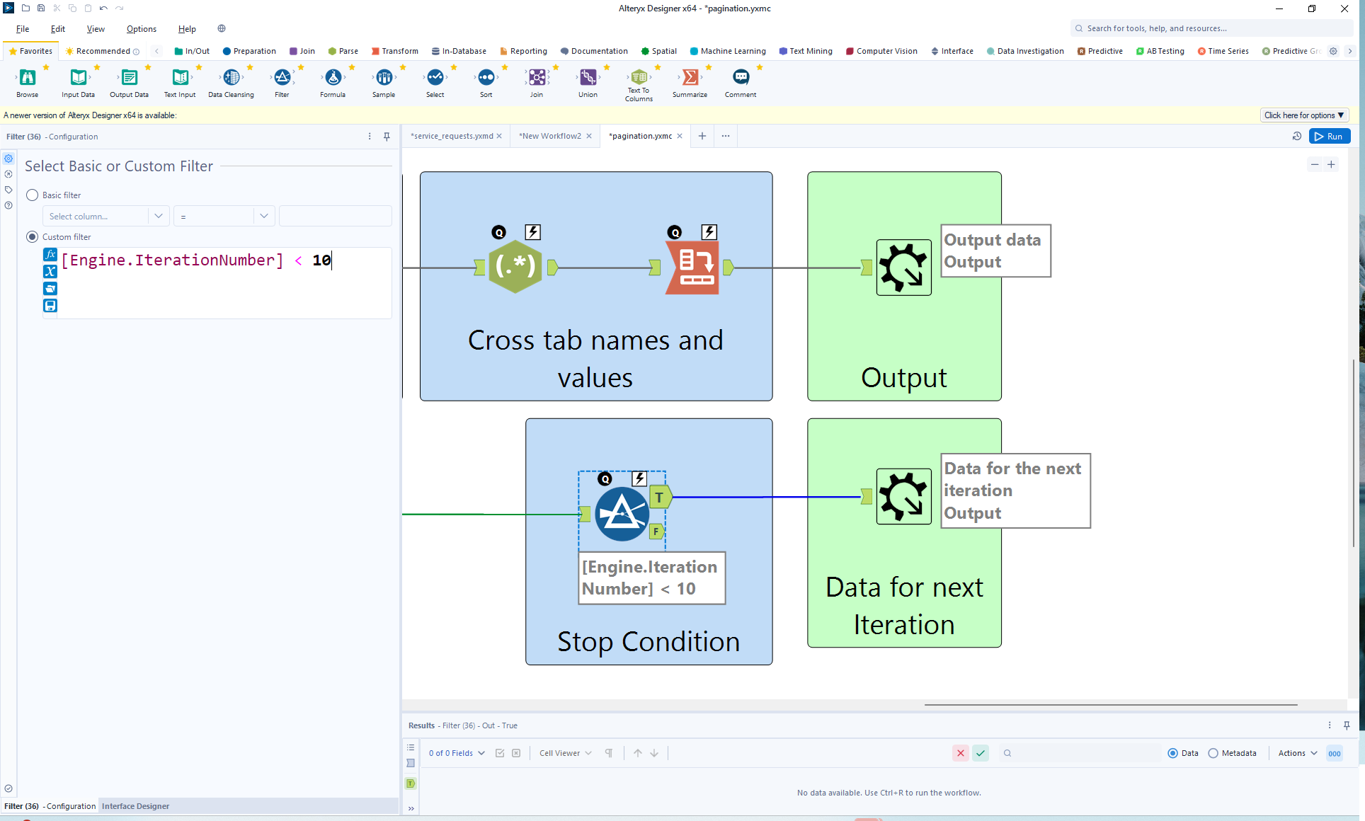 Split the flow to capture outputs and move data through the next iteration.