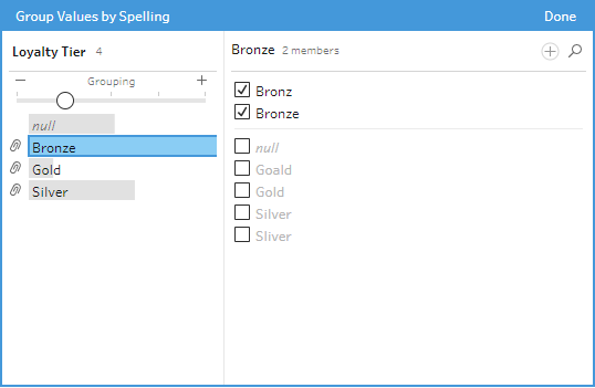 Group Loyalty Tiers by spelling in a few clicks — from the field drop down to the configuration window.