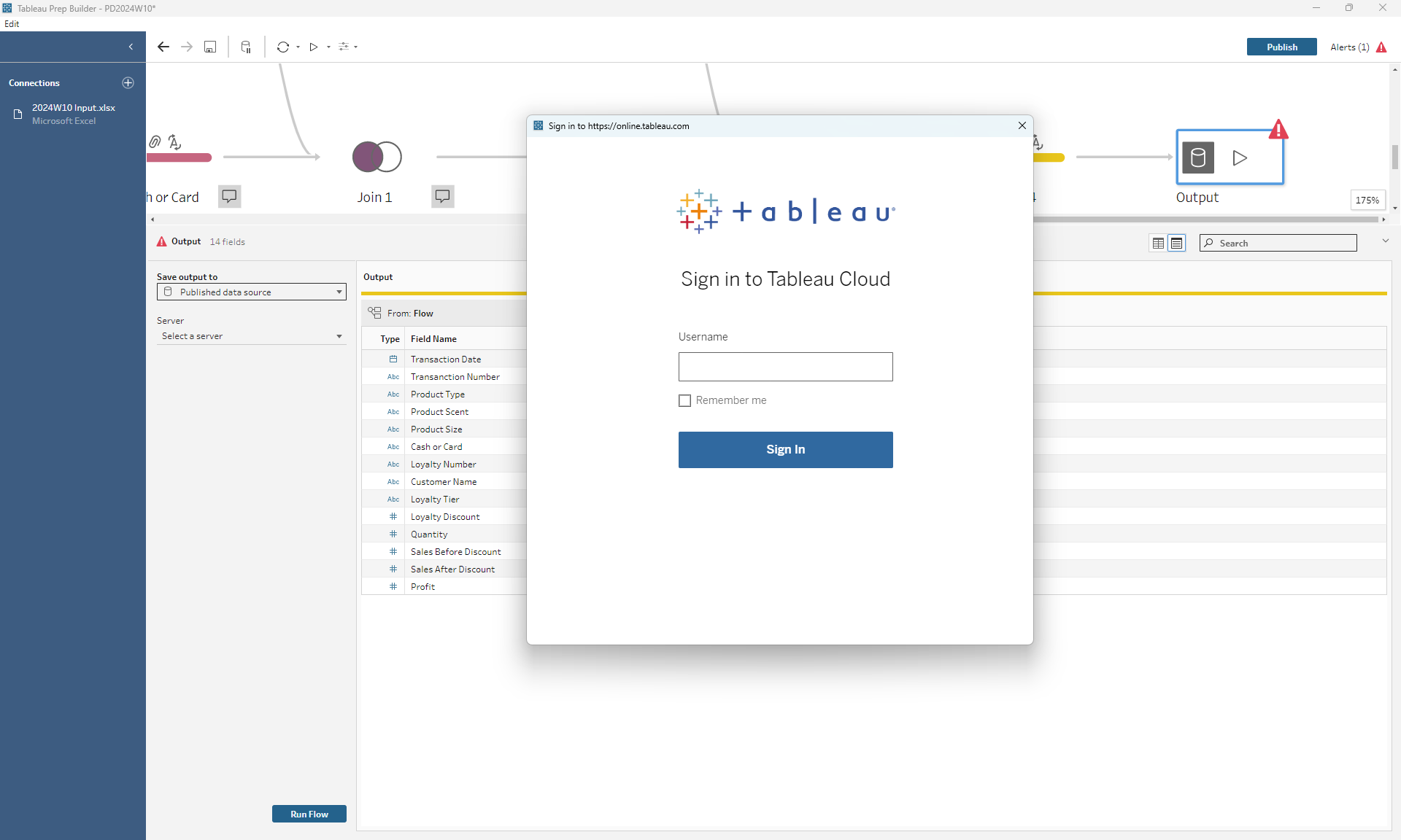 Output from flow as a Published data source and login to Tableau Cloud.