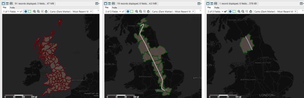 Three views comparing all counties, those intersected by the flight path and a single county