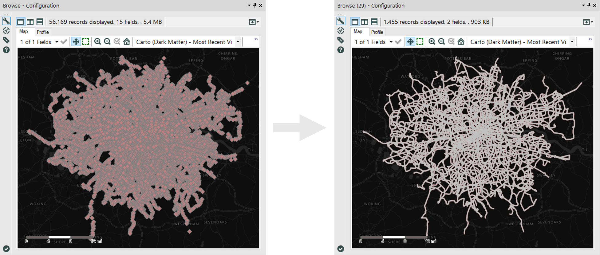 Comparison of centroids and polylines for the bus stops and bus routes respectively