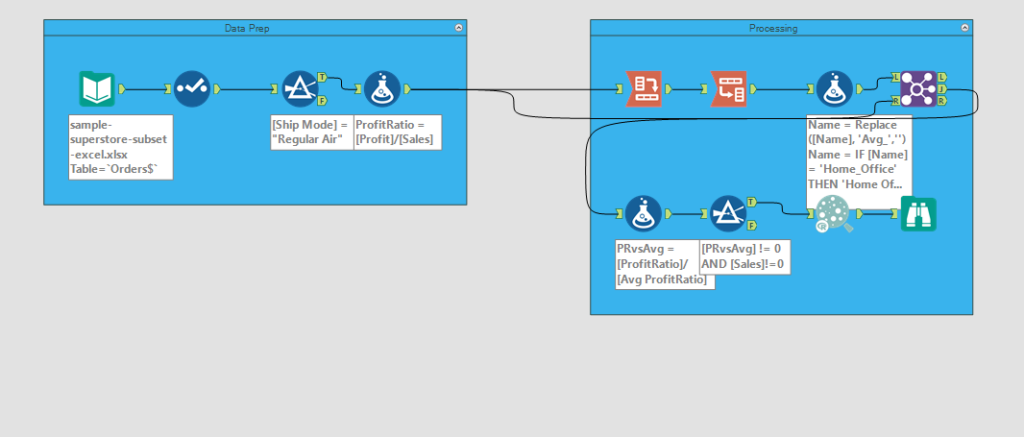 sample alteryx workflow with two sections-data prep and calculations